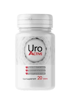 Opakowanie Uro Active: biały pojemnik z 20 tabletkami, napis Food Supplement